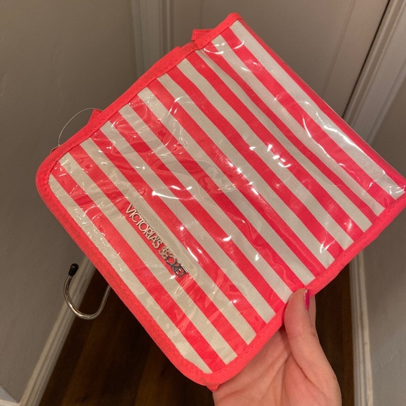 NEW VINTAGE Y2K VICTORIA’S SECRET HOT PINK STRIPED ORGANIZER MAKEUP BAG TRAVEL - Picture 2 of 7